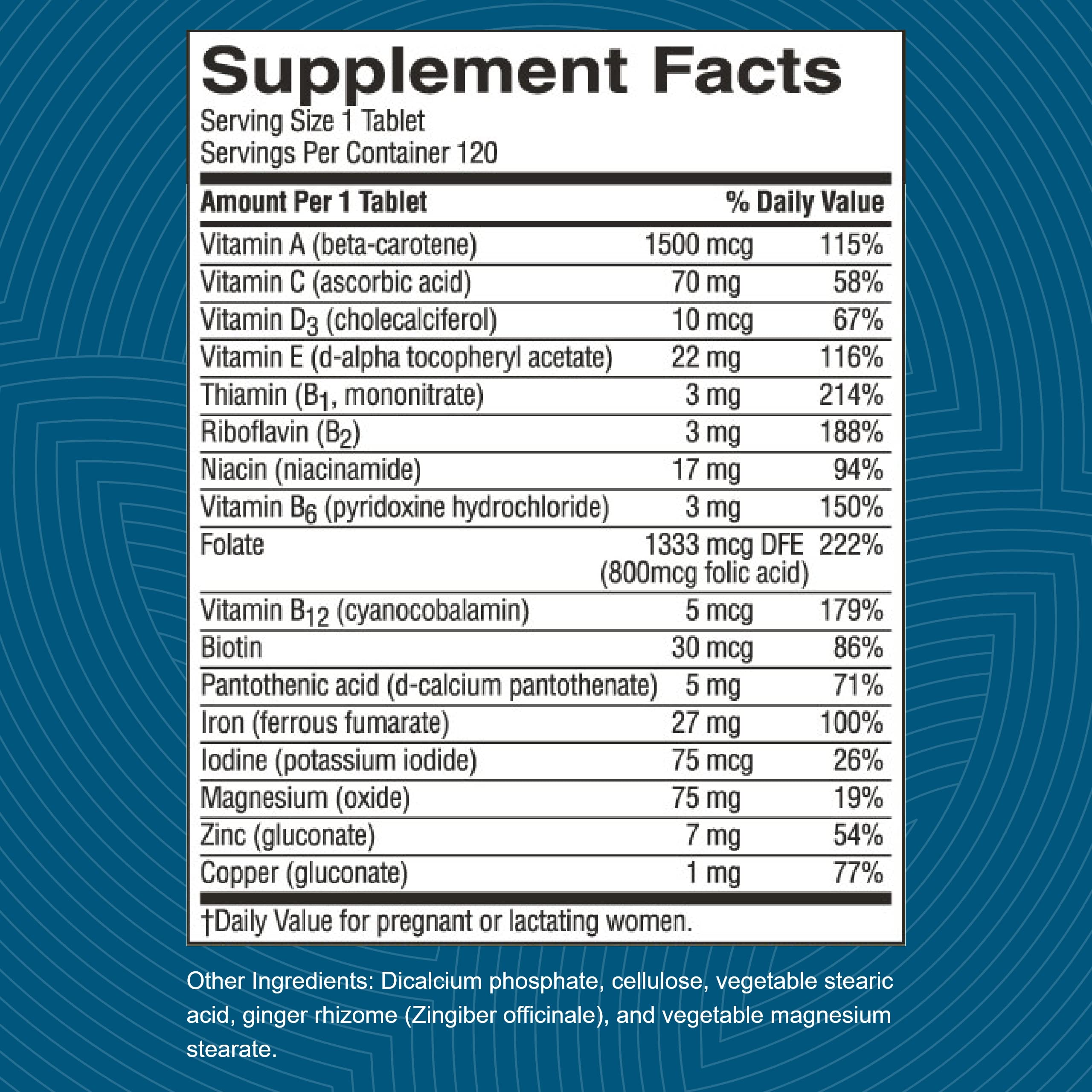 Nature's Sunshine Prenatal label detail, focusing on folic acid and antioxidants.