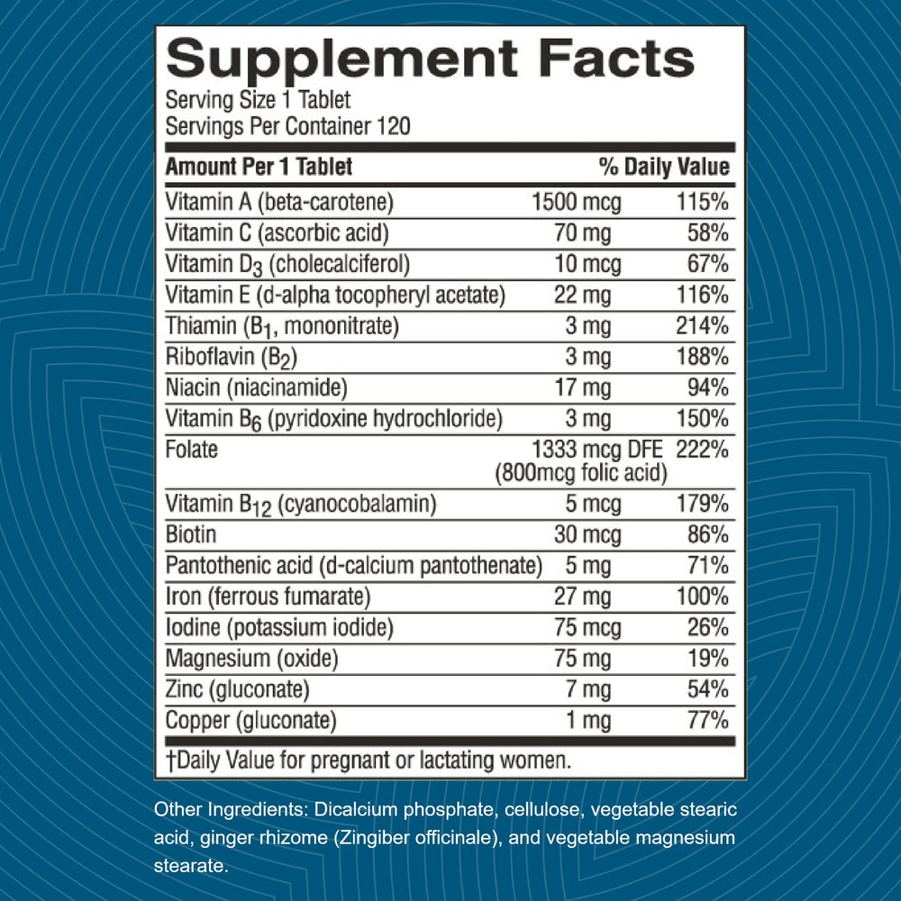 Nature's Sunshine Prenatal label detail, focusing on folic acid and antioxidants.