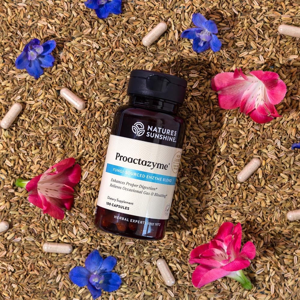 Nature's Sunshine Proactazyme packaging display conveying quality