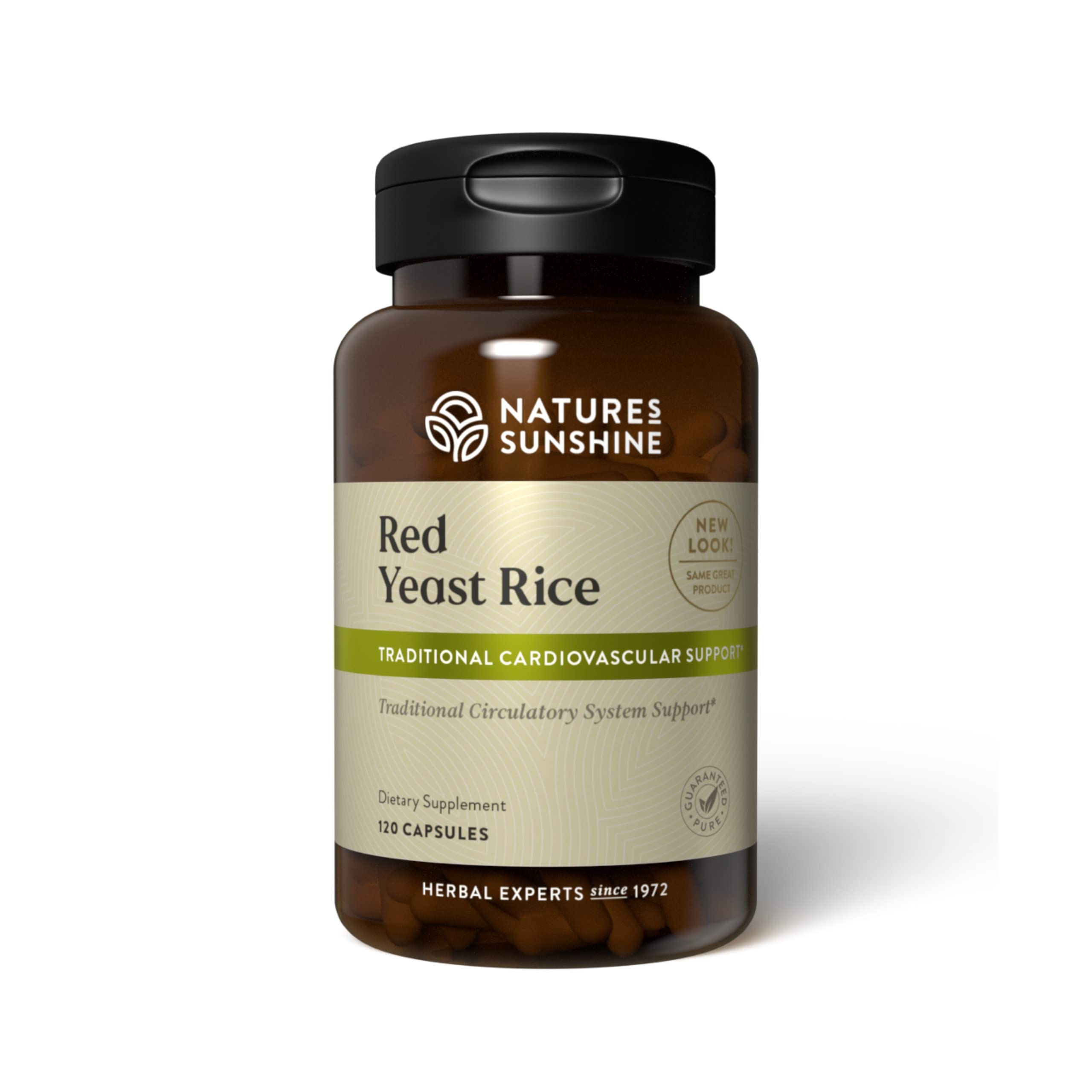 Nature's Sunshine Red Yeast Rice bottle with capsules supports normal cholesterol balance.