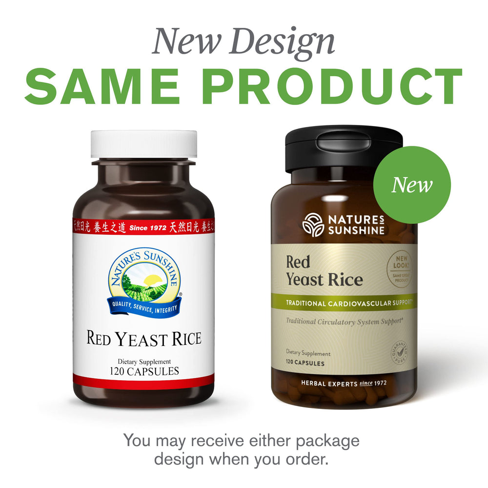 Nature's Sunshine Red Yeast Rice bottle and capsules support HDL production in liver.