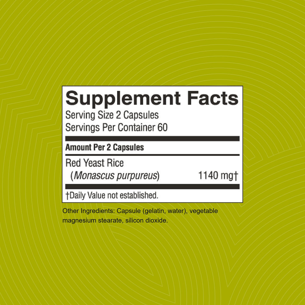 Nature's Sunshine Red Yeast Rice label shows kosher certification and dosage details.