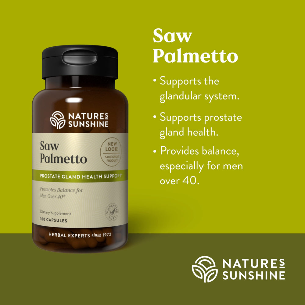 Close-up of Nature's Sunshine Saw Palmetto container showing single-ingredient formula