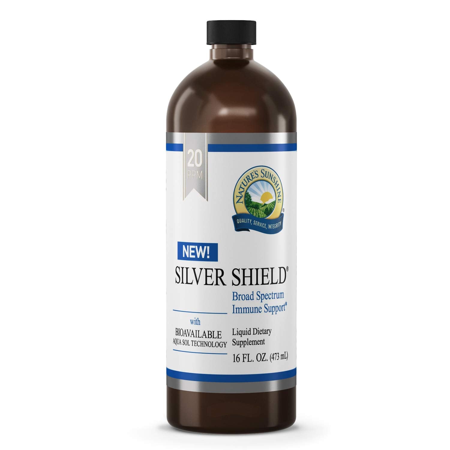 Nature's Sunshine Silver Shield Liquid bottle front, 16 oz packaging, ready for use.