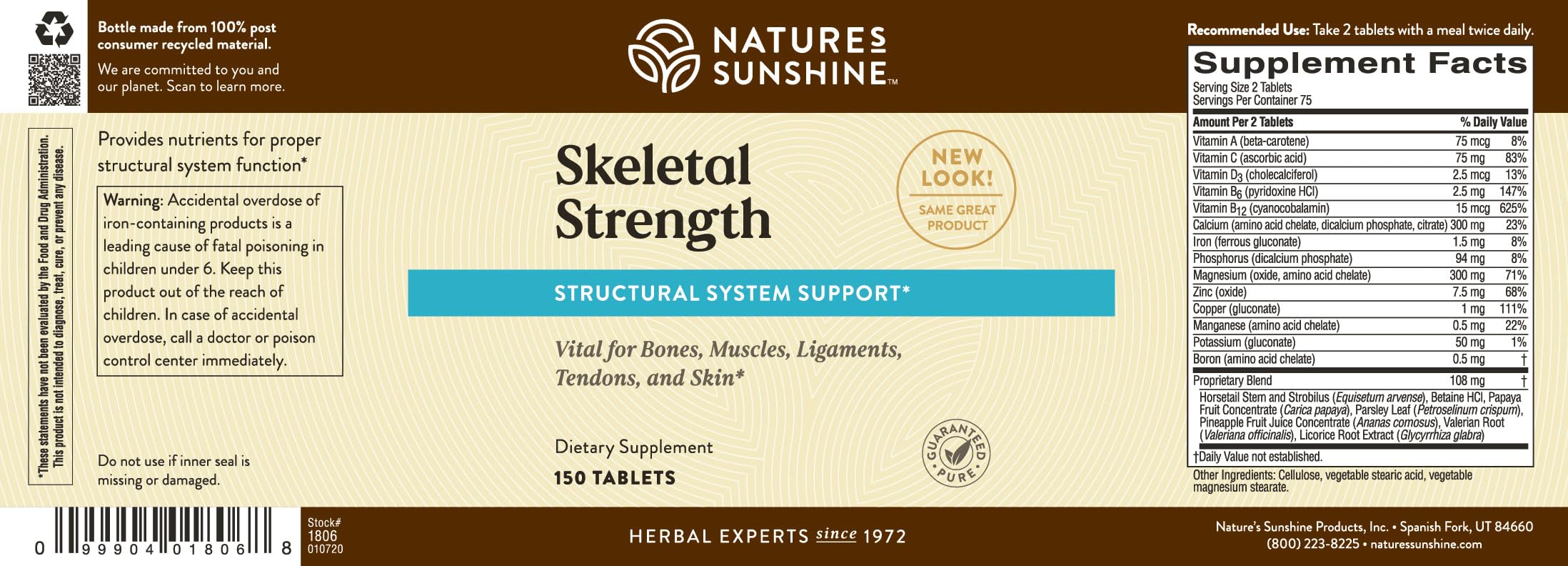 Nature's Sunshine Skeletal Strength bottle with label communicates iron and manganese support.