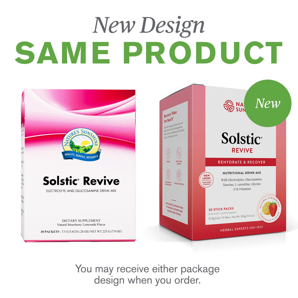 Nature's Sunshine Solstic Revive carton with nutrition panel underscores quality since 1972