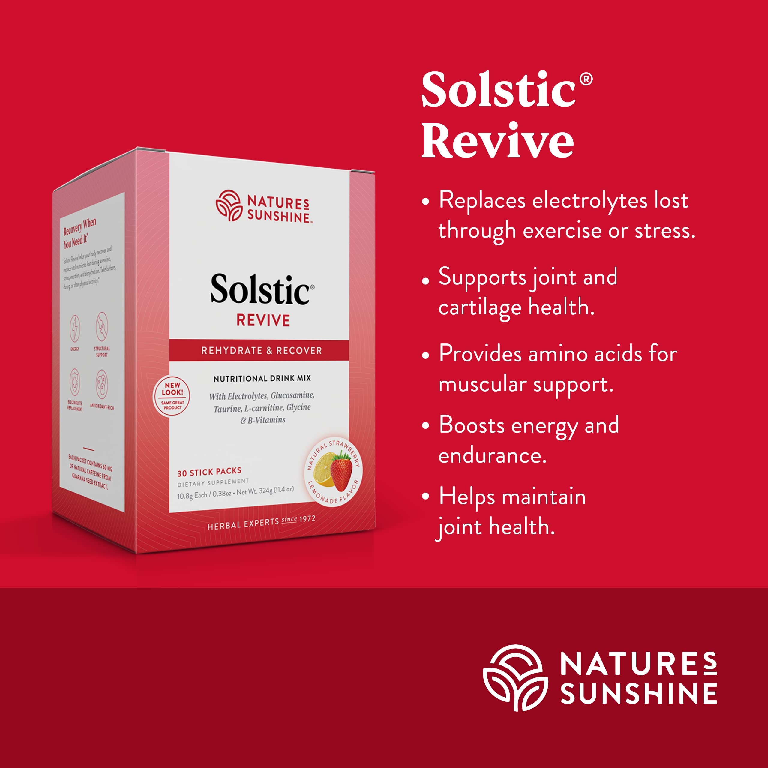 Nature's Sunshine Solstic Revive ingredients graphic emphasizes amino acids for muscular support