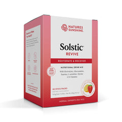 Nature's Sunshine Solstic Revive strawberry-lemonade packet close-up for post-workout refreshment