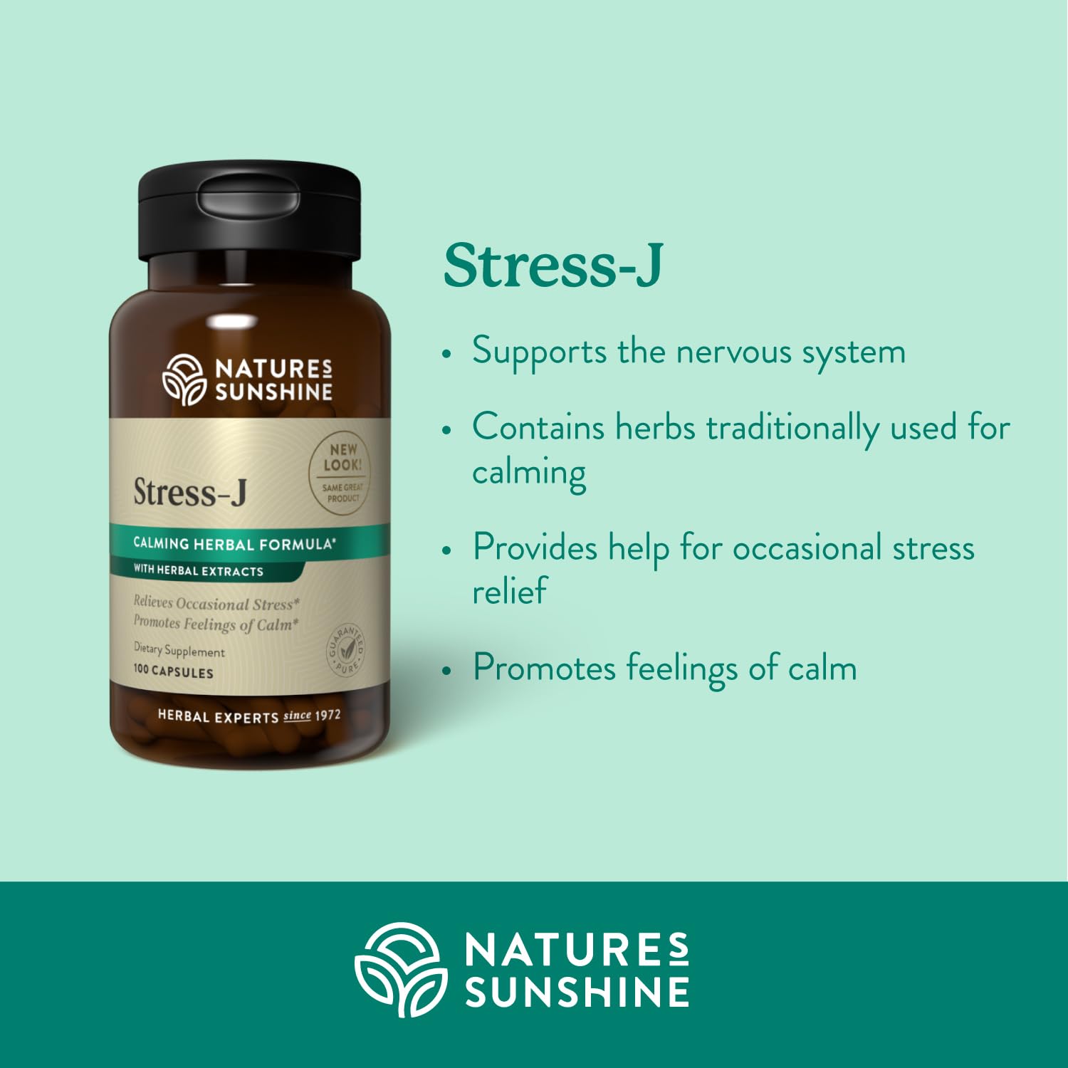Nature's Sunshine Stress-J label close-up highlighting trusted quality and botanical blend.