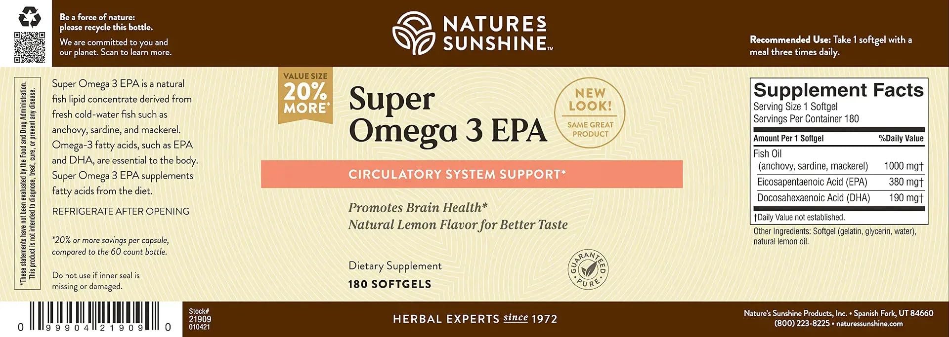 Nature's Sunshine Super Omega-3 EPA 180 Softgels packaging display signals quality