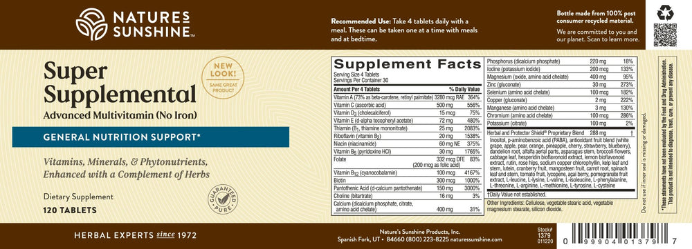 Nature's Sunshine Super Supplemental w/o Iron packaging with clear labeling.