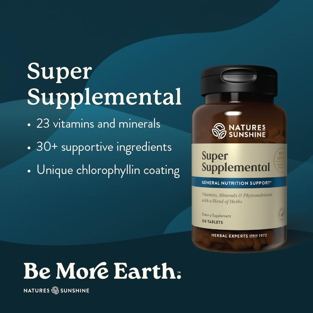 Nature's Sunshine Super Supplemental bottle-pour showing easy-to-take tabs for on-the-go nutrition