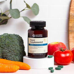 Nature's Sunshine Super Supplemental herbal-ingredients panel highlighting dandelion, alfalfa, and rose hips