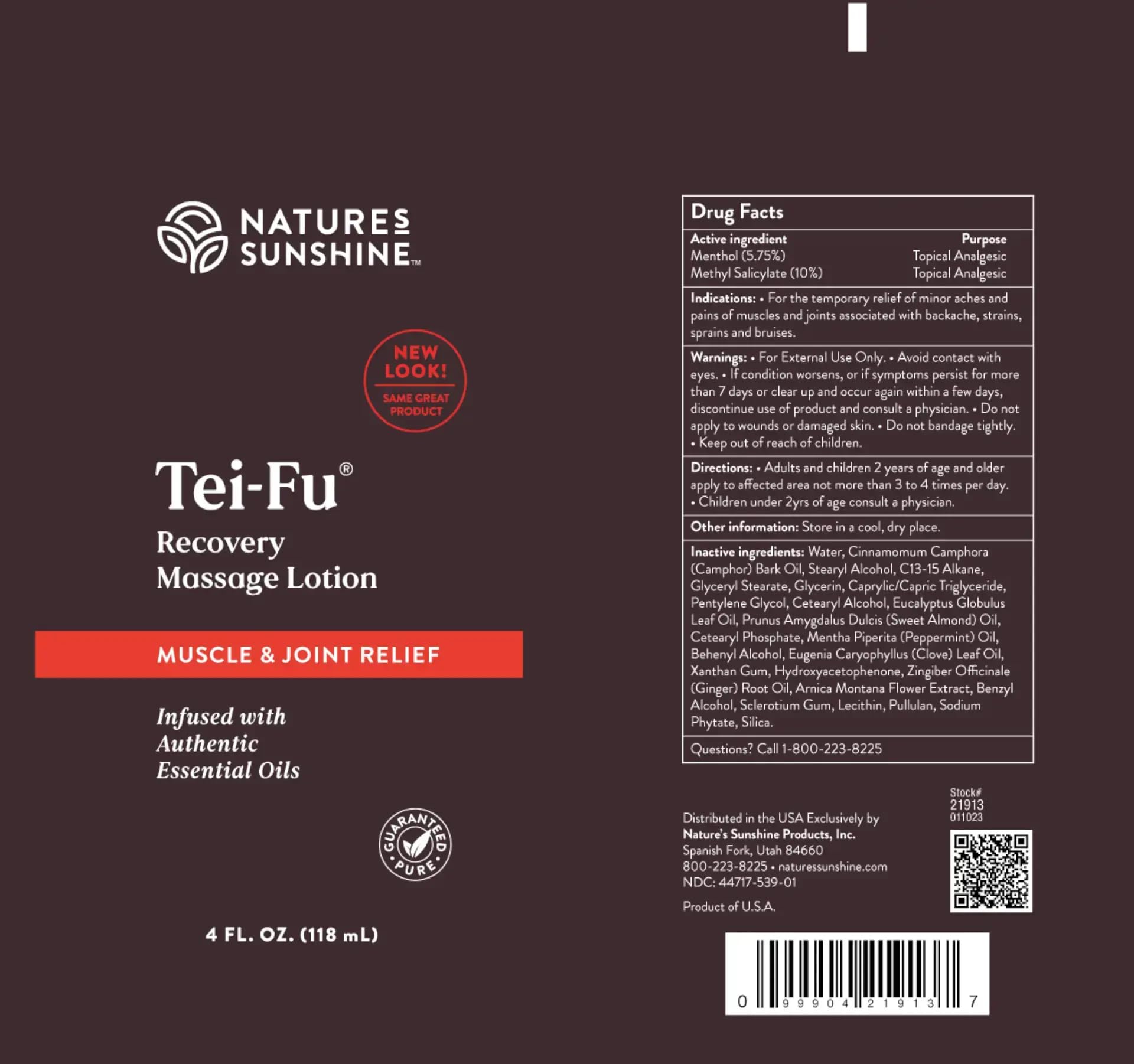 Nature's Sunshine Tei-Fu Recovery Massage Lotion label highlights ingredients for at-home self-care