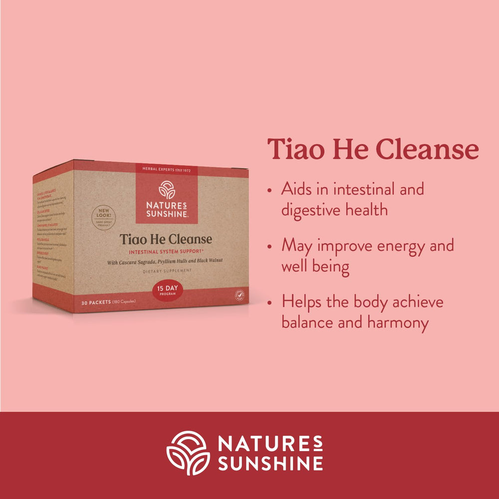 Nature's Sunshine Tiao He bottle label close-up highlighting traditional herbs.