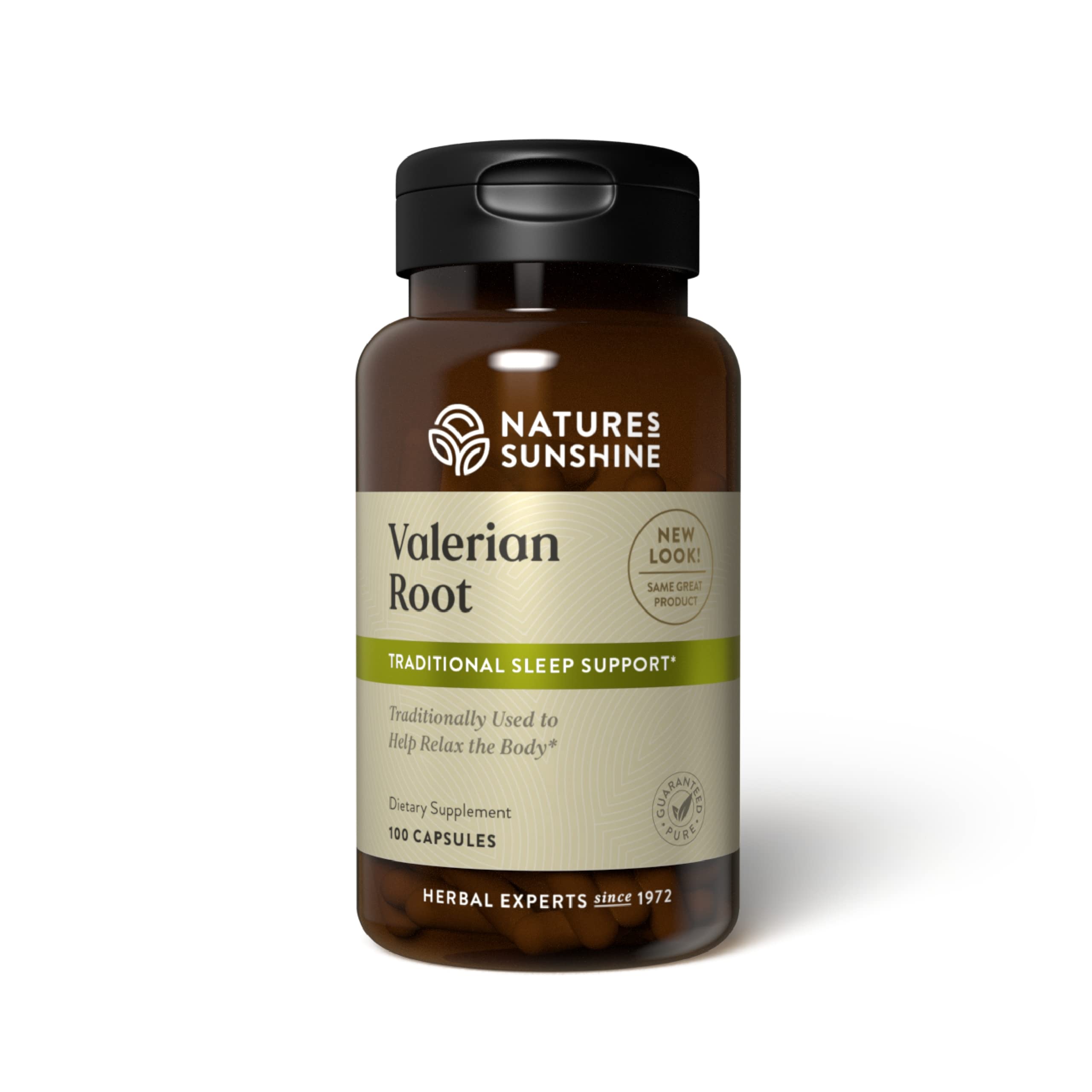 Nature's Sunshine Valerian Root capsules bottle closeup showing calm support.