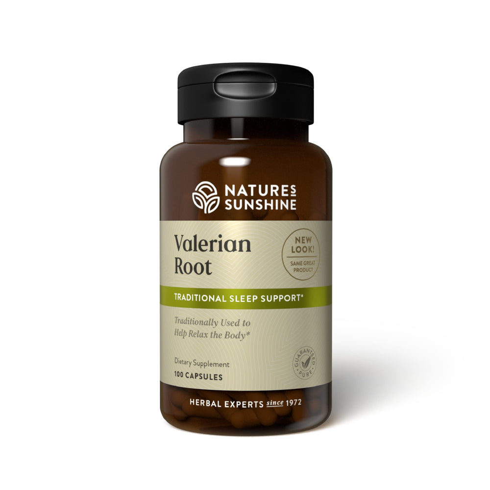 Nature's Sunshine Valerian Root capsules bottle closeup showing calm support.