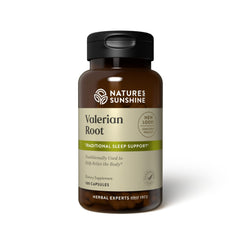 Nature's Sunshine Valerian Root capsules bottle closeup showing calm support.