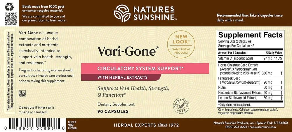 Pouring Vari-Gone capsules to illustrate easy daily dose for leg health