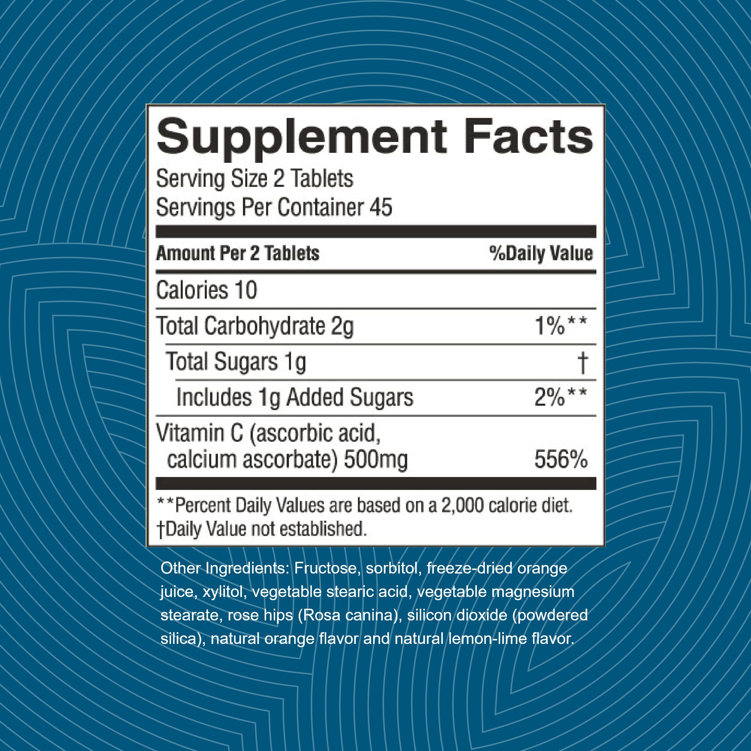 Label highlights 250 mg vitamin C per tablet for a straightforward daily option.