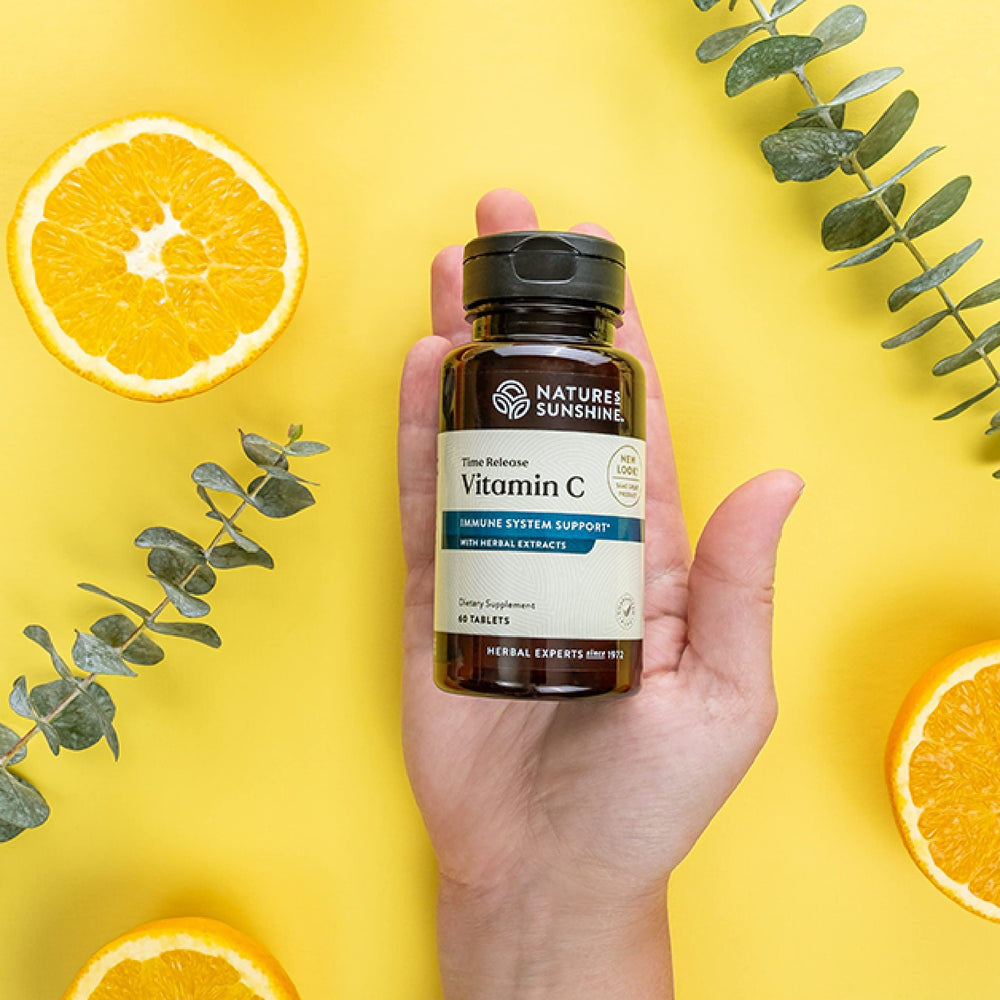 Nature's Sunshine Vitamin C Time Release tablets close-up showing 1000 mg dose