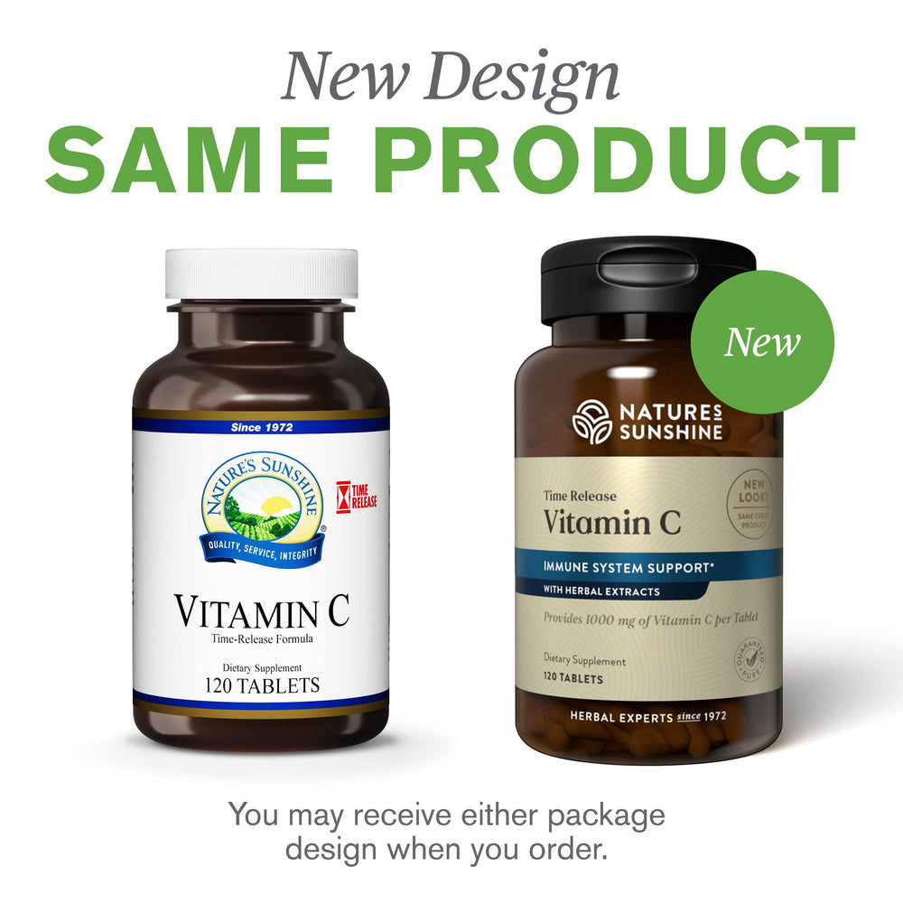 Nature's Sunshine Vitamin C Time Release tablets beside a glass of water