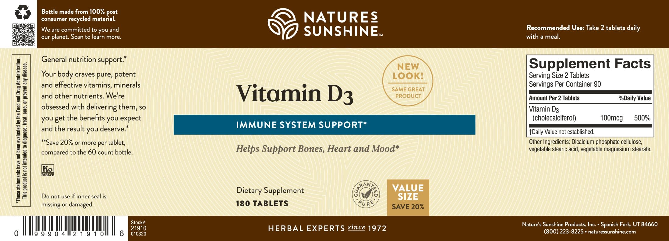 Nature's Sunshine Vitamin D3 daily value label communicates potency and value.