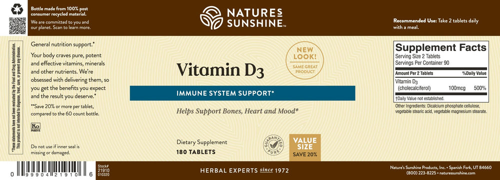Nature's Sunshine Vitamin D3 daily value label communicates potency and value.