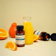 Nature's Sunshine Vitamin D3 label close-up highlighting 100 mcg per 2 tablets.