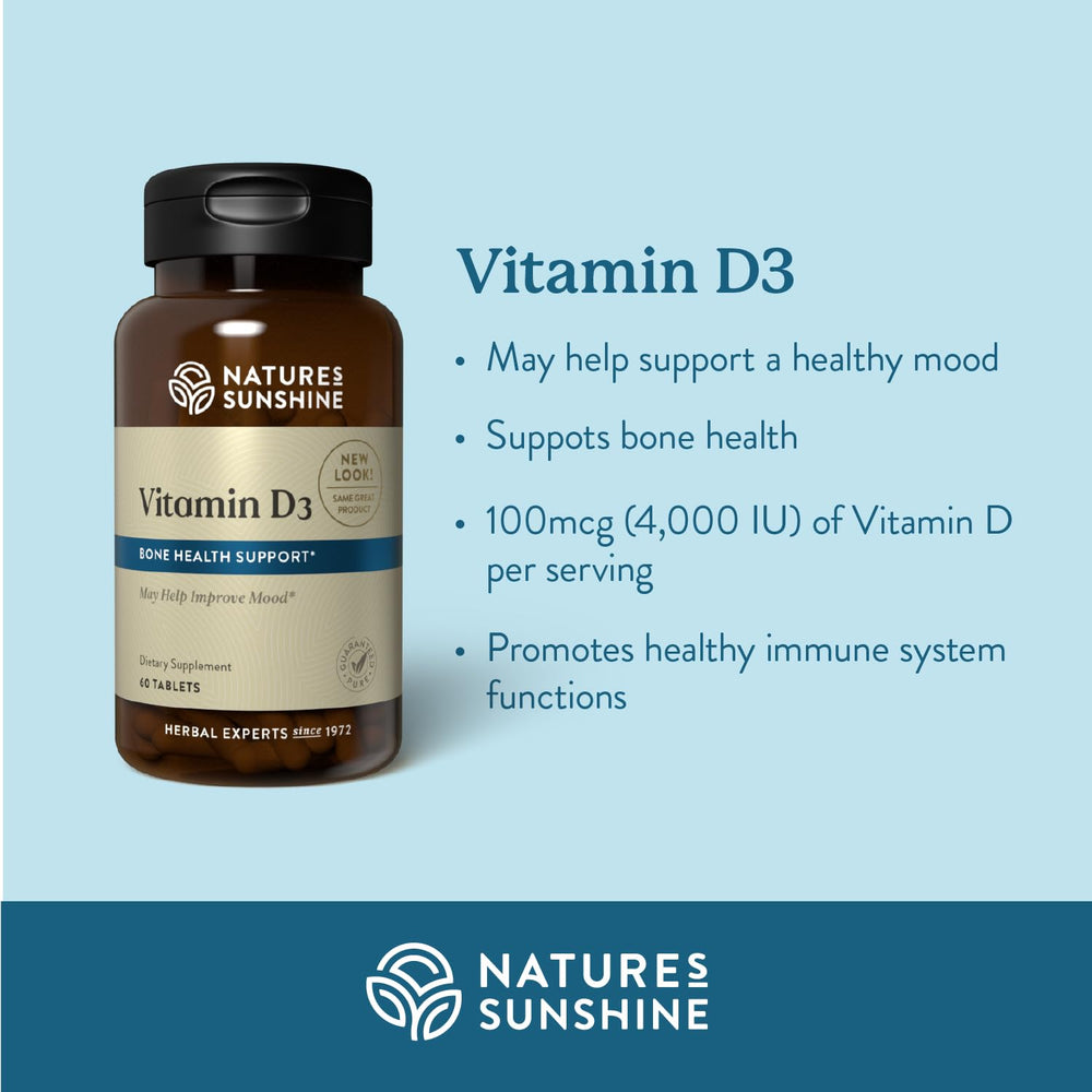 Nature's Sunshine Vitamin D3 tablets ready for daily mood and immune support.