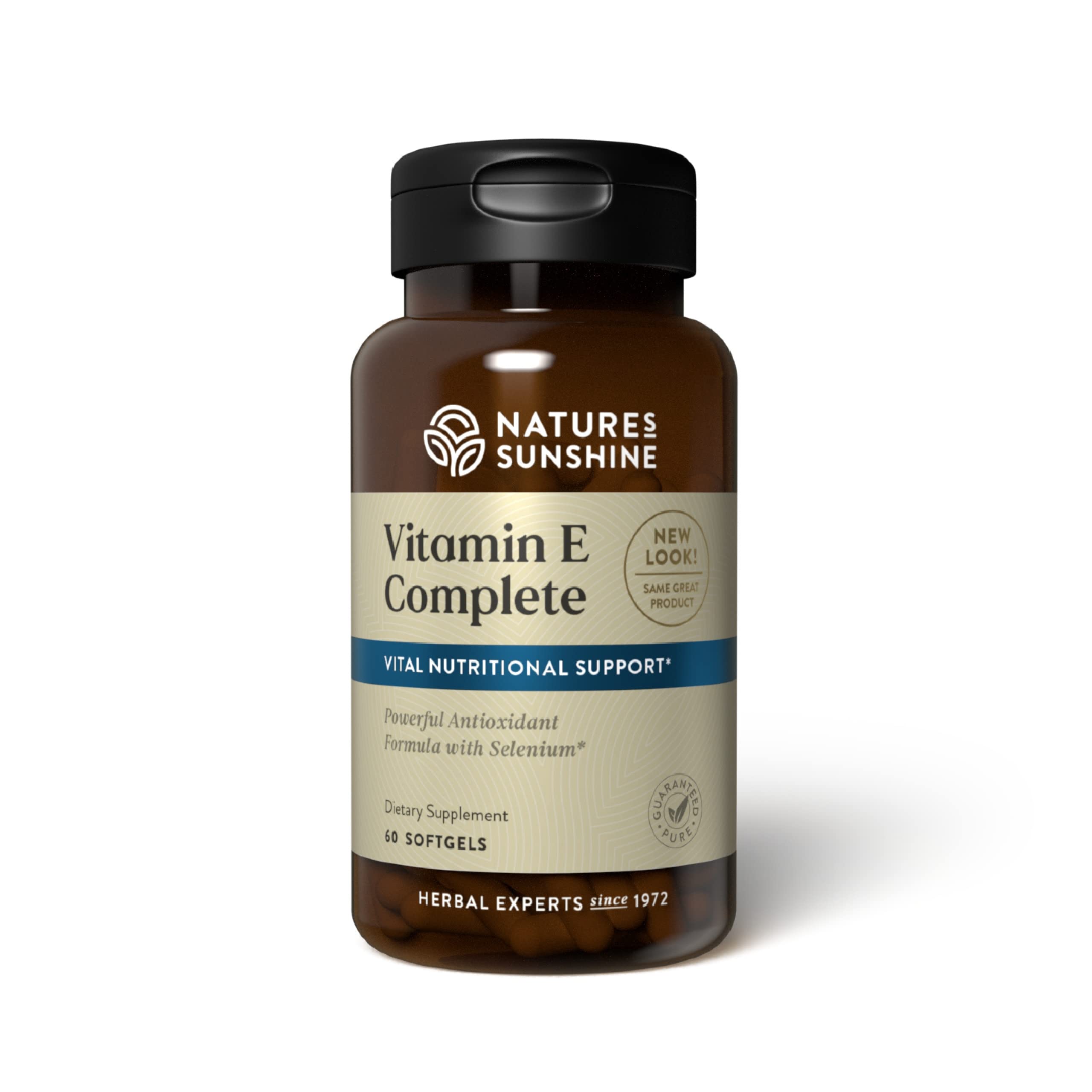 Nature's Sunshine Vitamin E Complete bottle with softgels highlighting antioxidant synergy.