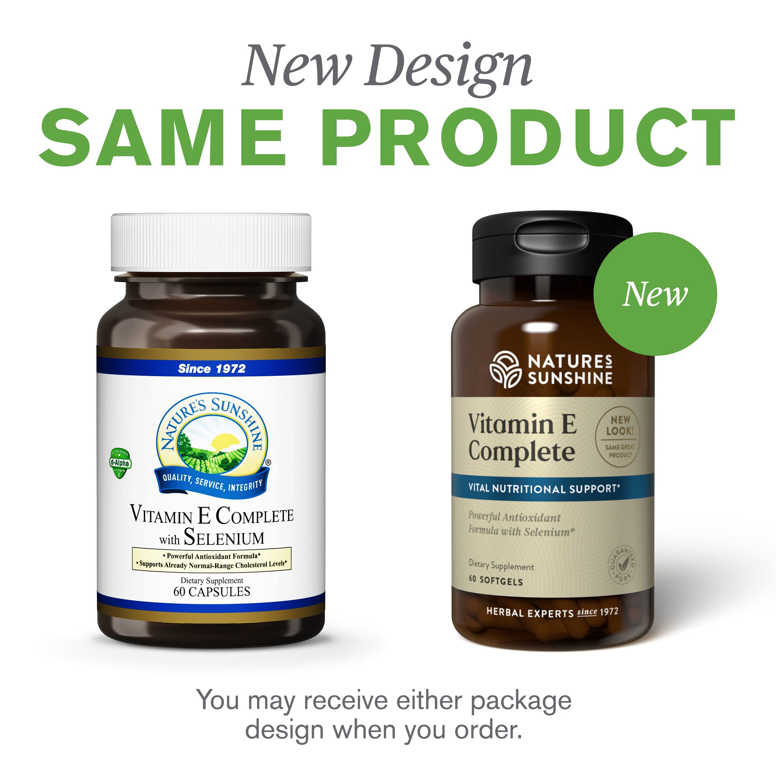 Nature's Sunshine Vitamin E Complete ingredients panel reveals eight vitamers and selenium.