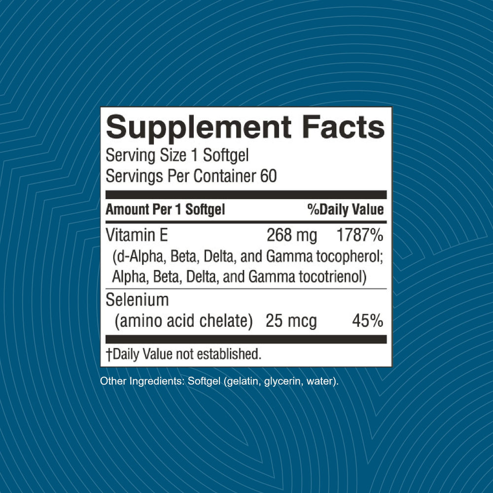 Nature's Sunshine Vitamin E Complete label packaging highlights all eight vitamin E molecules.