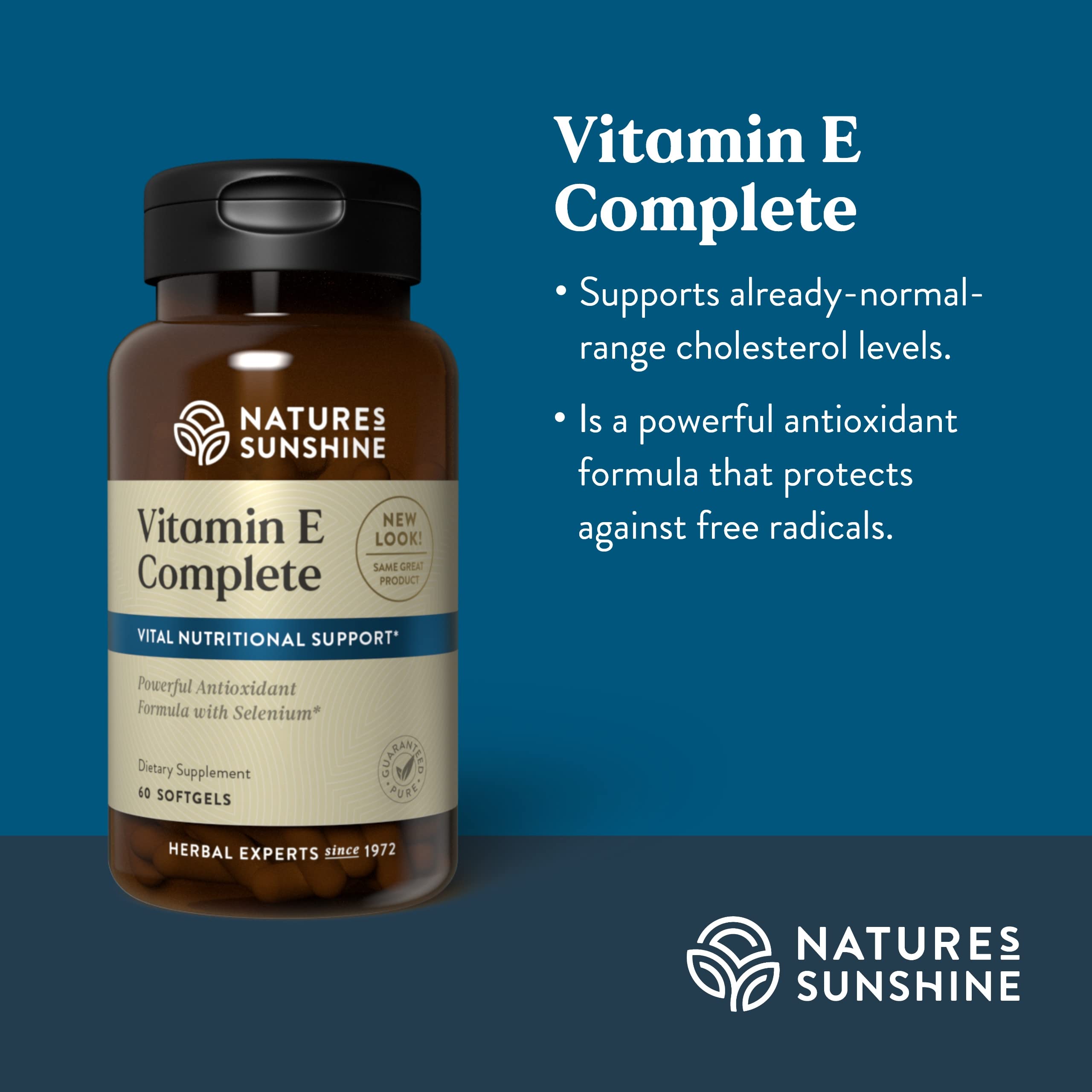 Nature's Sunshine Vitamin E Complete softgels resting in hand showcasing convenient daily support.