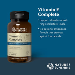 Nature's Sunshine Vitamin E Complete softgels resting in hand showcasing convenient daily support.