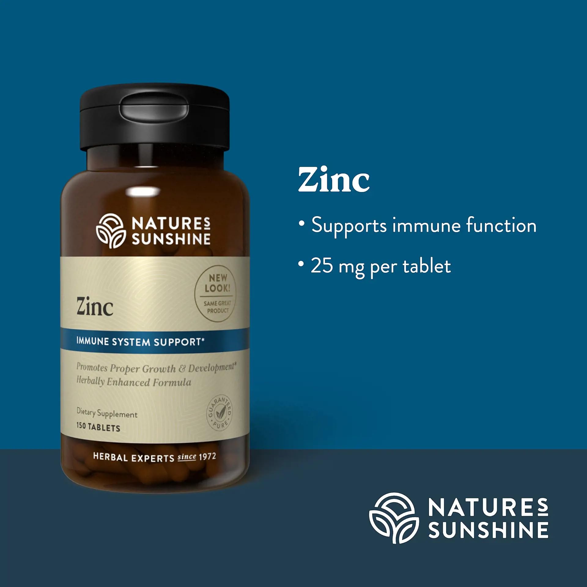 Front view of Nature's Sunshine Zinc 25mg box highlighting essential mineral benefits