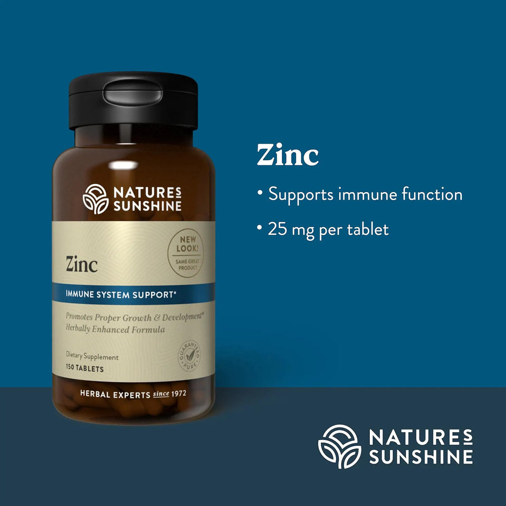 Front view of Nature's Sunshine Zinc 25mg box highlighting essential mineral benefits