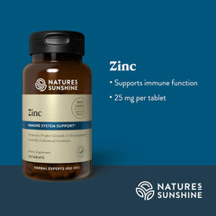 Front view of Nature's Sunshine Zinc 25mg box highlighting essential mineral benefits