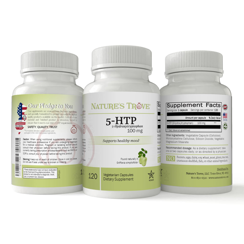 Nature's Trove 5-HTP capsules on a neutral backdrop for daily use