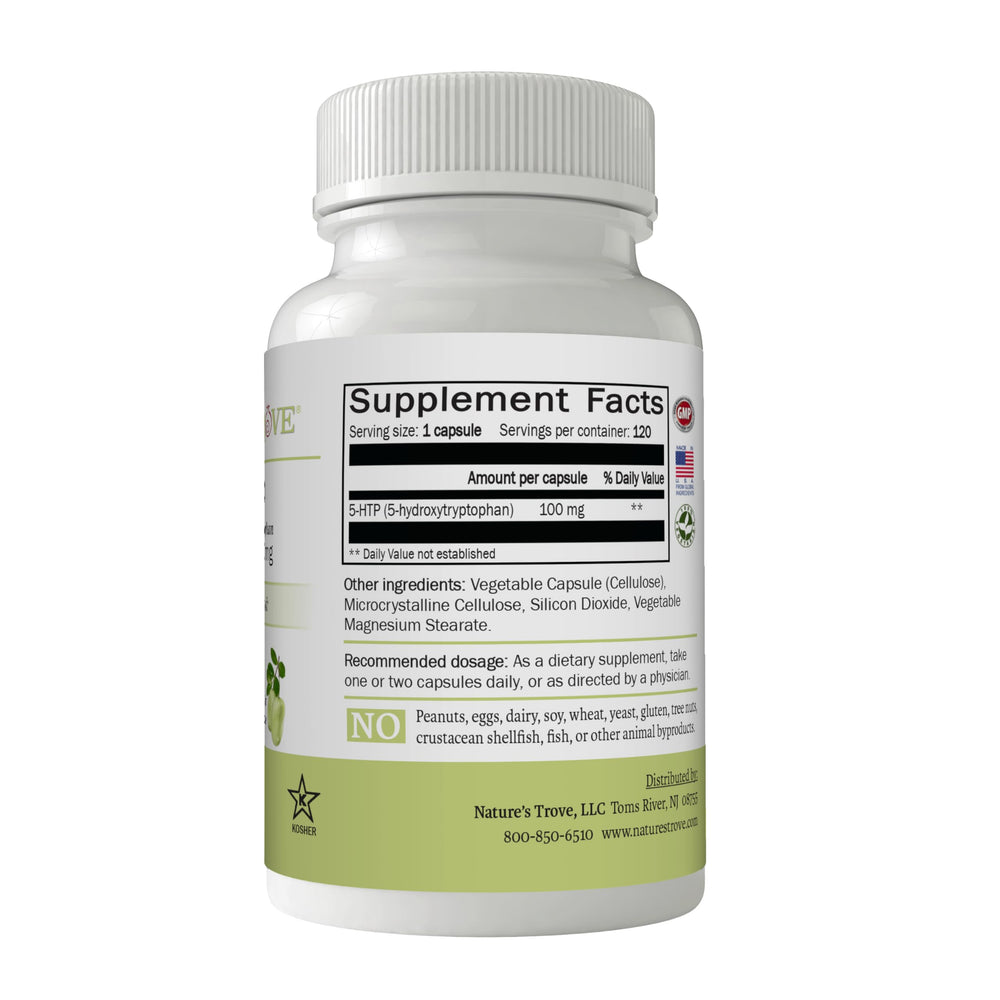 Nature's Trove 5-HTP label close-up highlighting purity and testing