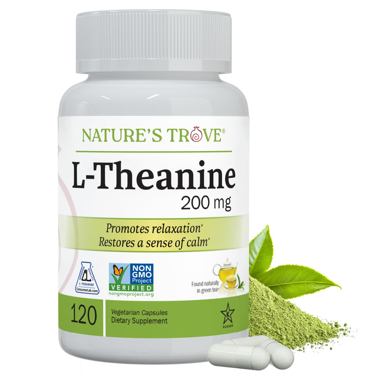Nature's Trove L-Theanine 200mg bottle front view highlighting calm focus