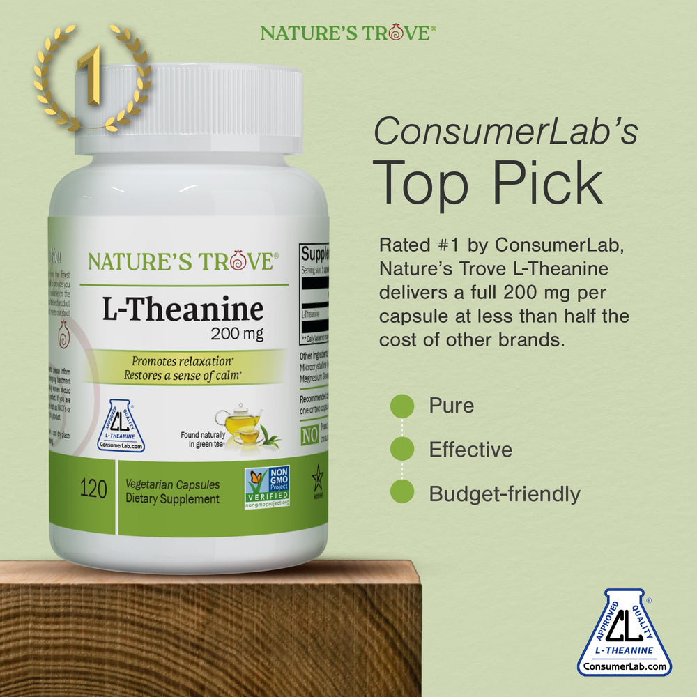 Nature's Trove L-Theanine 200mg bottle label shows dosage and ingredients