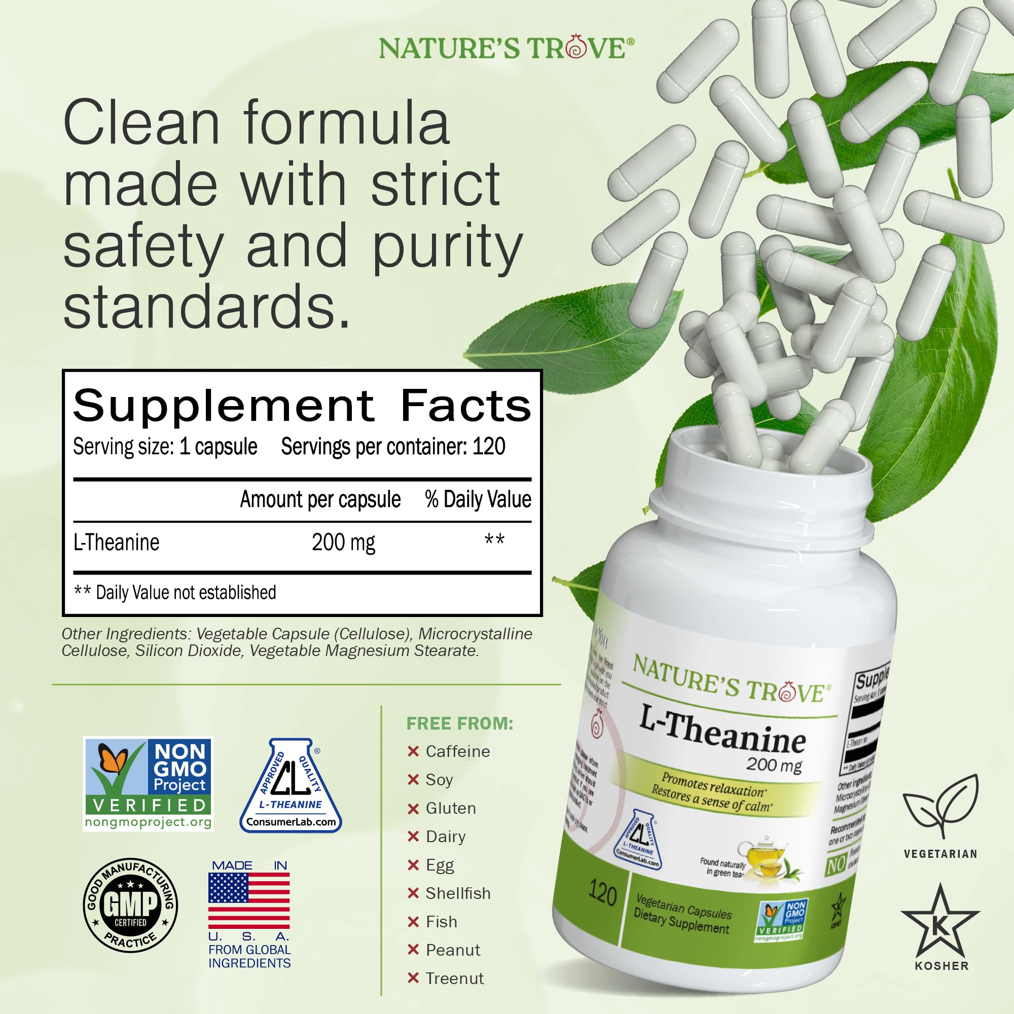 Nature's Trove L-Theanine 200mg capsules close-up shows smooth vegetarian capsules for easy daily use