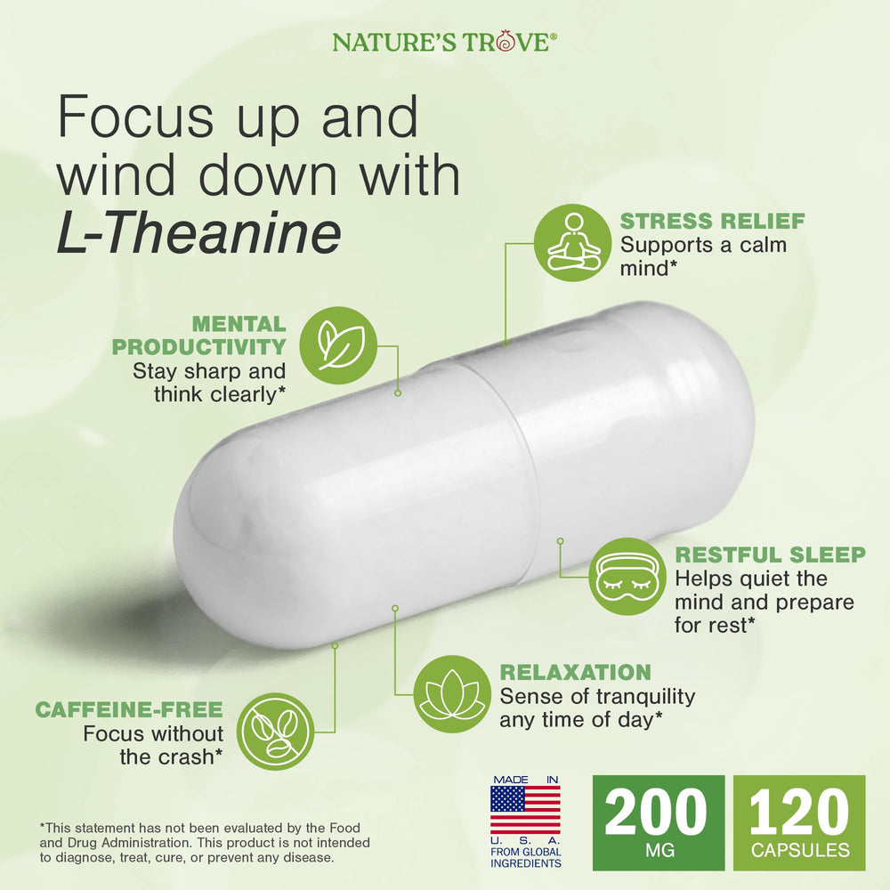 Nature's Trove L-Theanine 200mg origin from green tea leaves for natural calm