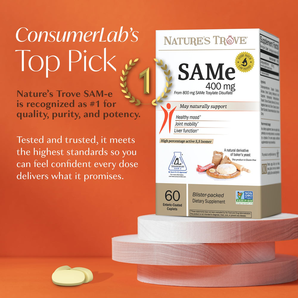 Nature's Trove SAM-e 400mg enteric caplets blister back highlights vegan, kosher, non-GMO features.