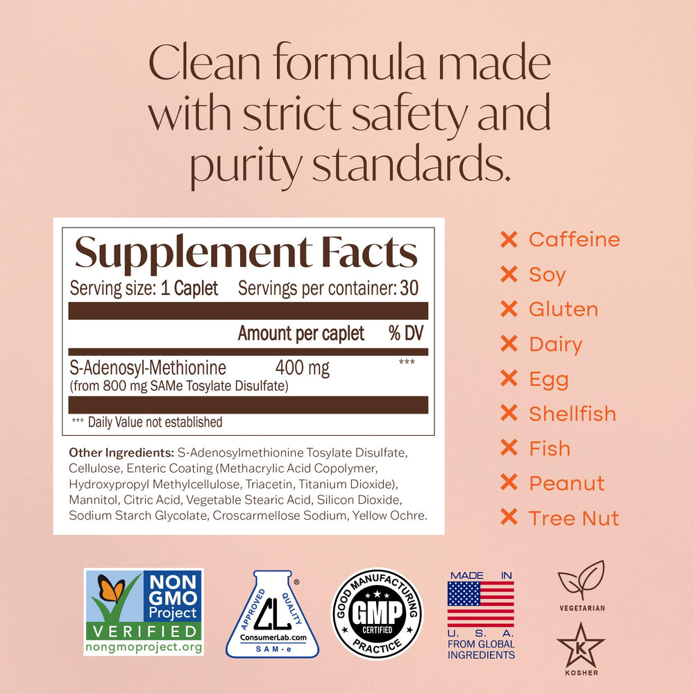 Allergen-free Nature's Trove SAM-e ingredients with vegan and gluten-free icons