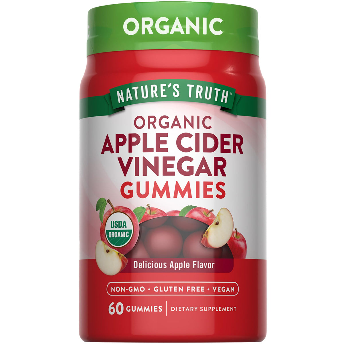 Nature's Truth Apple Cider Vinegar Gummies bottle on shelf, vegan and gluten-free.