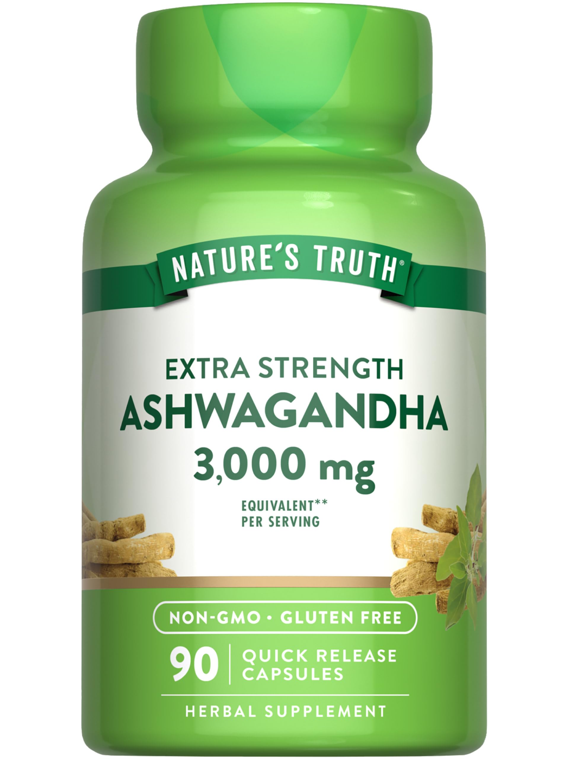 Nature's Truth Ashwagandha bottle label shows extra-strength 3,000 mg for daily stress support.
