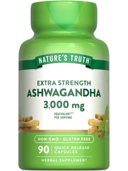 Nature's Truth Ashwagandha bottle label shows extra-strength 3,000 mg for daily stress support.