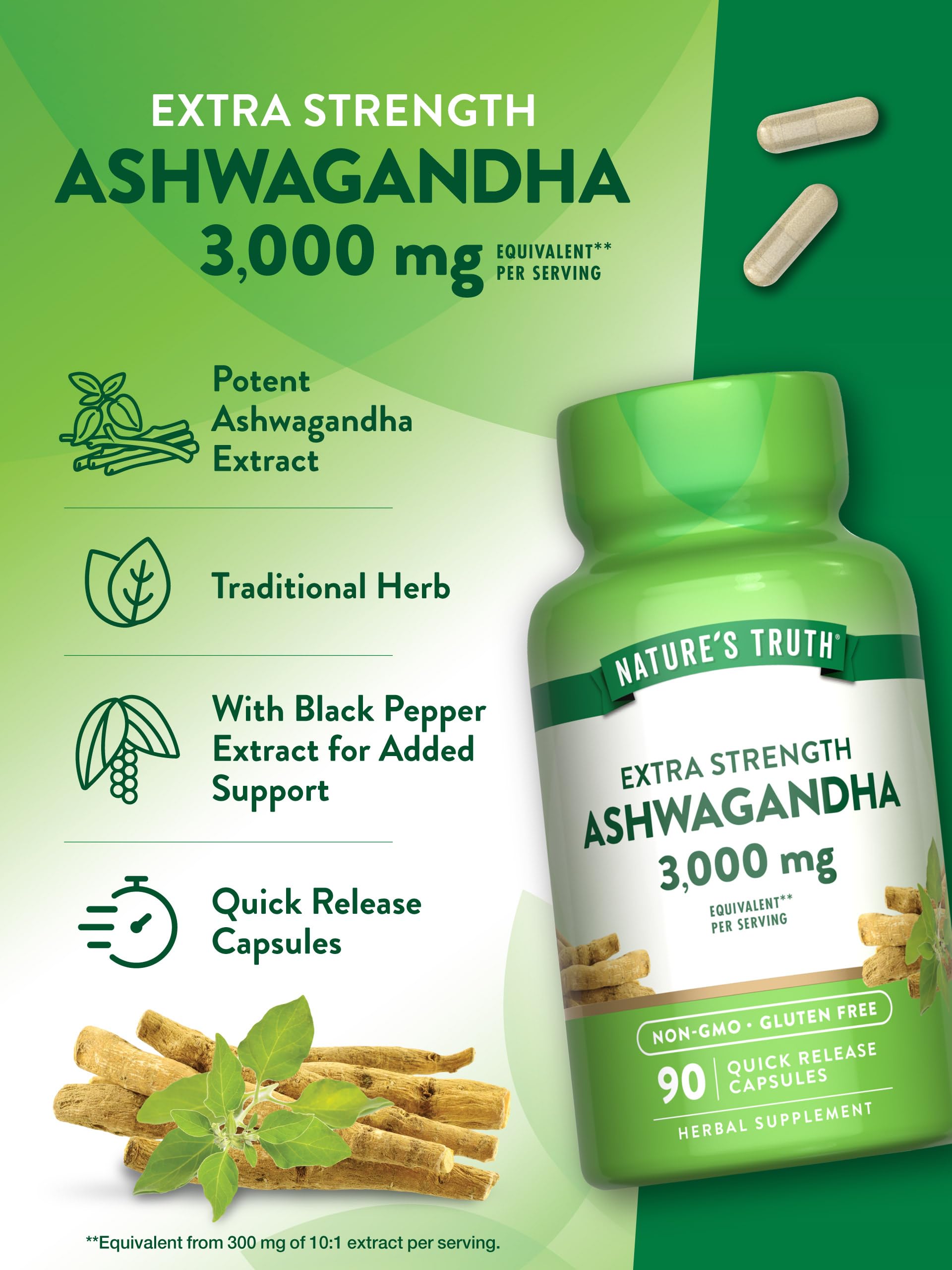 Nature's Truth Ashwagandha bottle features gluten-free and non-GMO attributes for clean use.